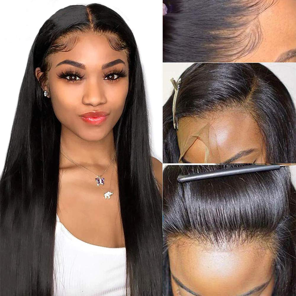 Aosun Hair Transparent Lace Front Wigs Human Hair 180% Density Pre Plucked with Baby Hair Peruvian Straight 13x4 Lace Frontal Wig Natural Color