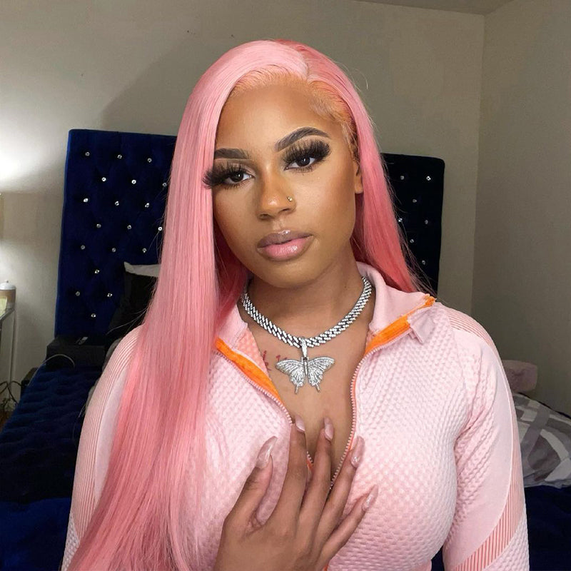 Light Pink Color Human Hair Lace Wig Transparent 13x4 Lace Frontal Wig