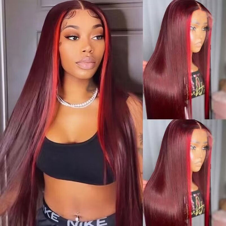 Burgundy 99J & Red Streaks Straight Human Hair Wigs Transparent 13*4 Lace Front Wig