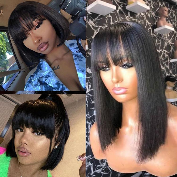 Silky Straight Human Hair 13x4 Transparent Full Frontal Lace Bob Wig With Bangs