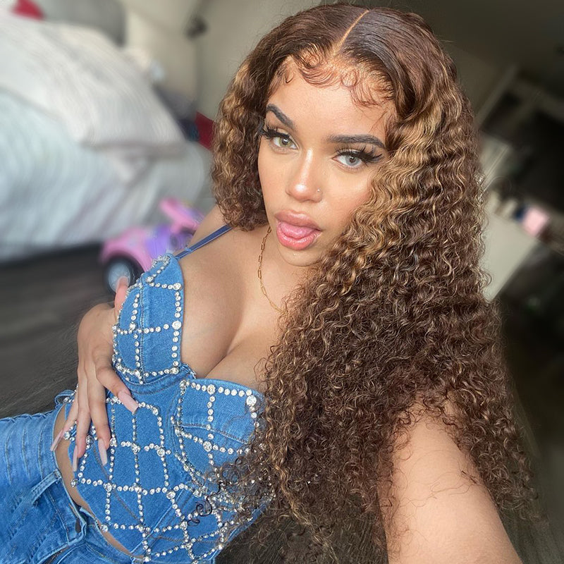 Highlight Color Water Curly Human Hair Lace Front Wig Piano Color Ombre Honey Blonde Human Hair 13x4 Lace Wig