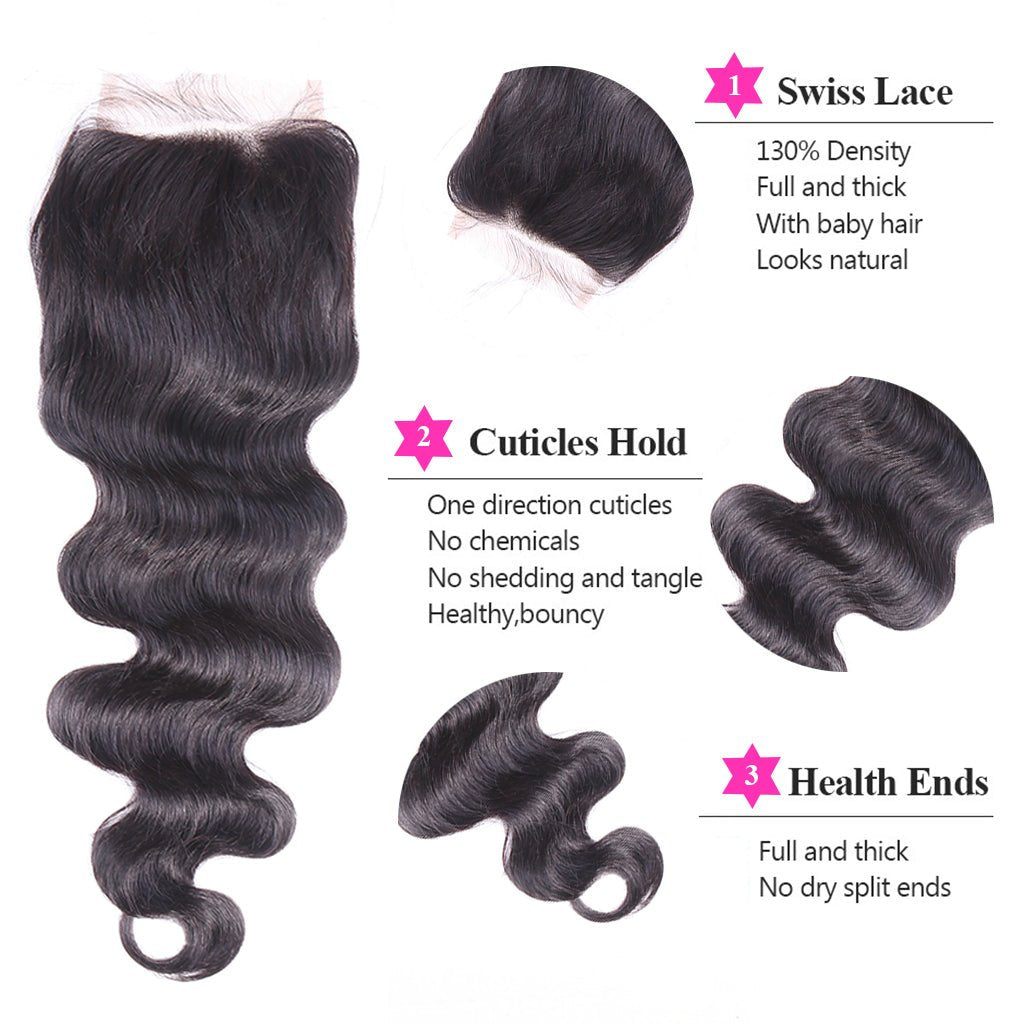 Aosun Human Hair Bundles With Closure 3 Bundles Body Wave Brazilian Hair With Swiss Lace Closure