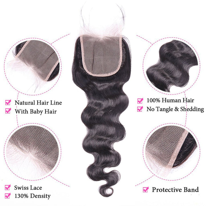 Aosun Human Hair Bundles With Closure 3 Bundles Body Wave Brazilian Hair With Swiss Lace Closure