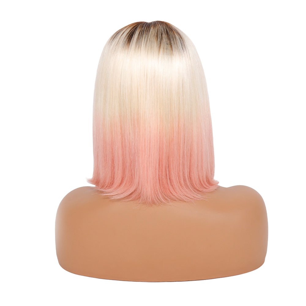 13x4x1 T-Part Lace Front Bob Wig Human Hair Wigs 150% Density Straight T1B/613/Pink Color Short Bob