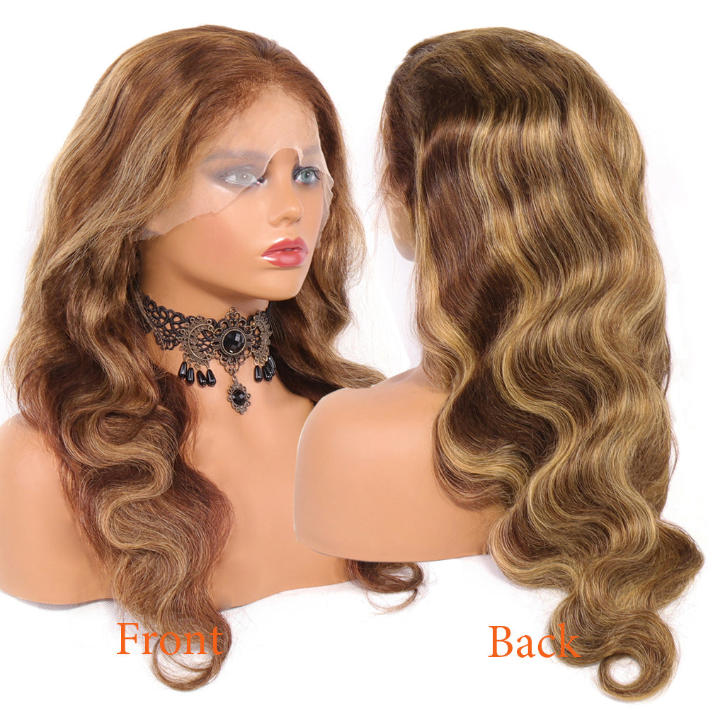 Aosun Honey Blonde Highlight P4/27 Color Body Wave 13x4 Front Lace Human Hair Wigs 150% Density