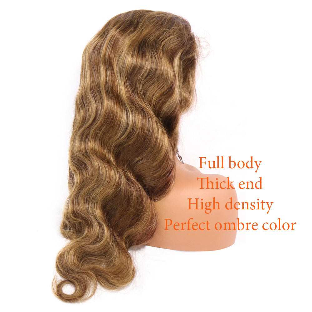 Aosun Honey Blonde Highlight P4/27 Color Body Wave 13x4 Front Lace Human Hair Wigs 150% Density